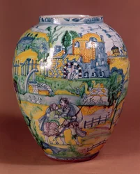 Nevers Fayence-Vase mit Szenen aus dem Alten Testament bemalt (Keramik)